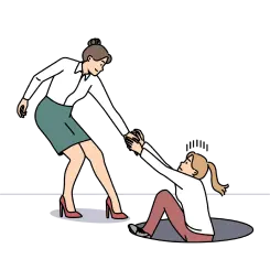 緑のスカートをはいた女性がピンクのパンツをはいた女性を引上げる様子